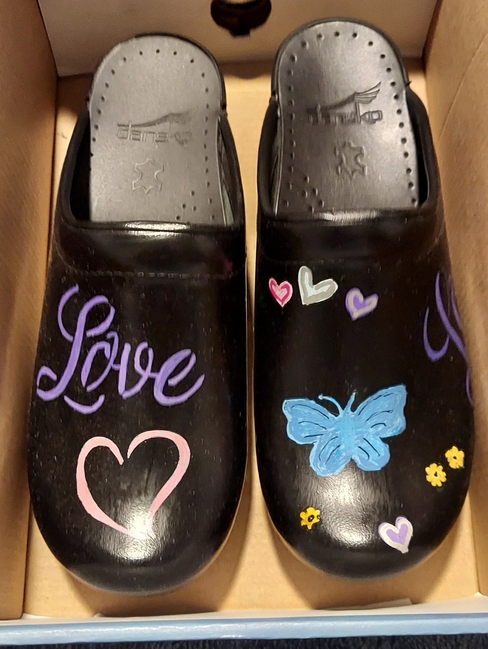Hand-Painted Black Leather Dansko Clogs with Love & Butterfly Artwork Sz 37